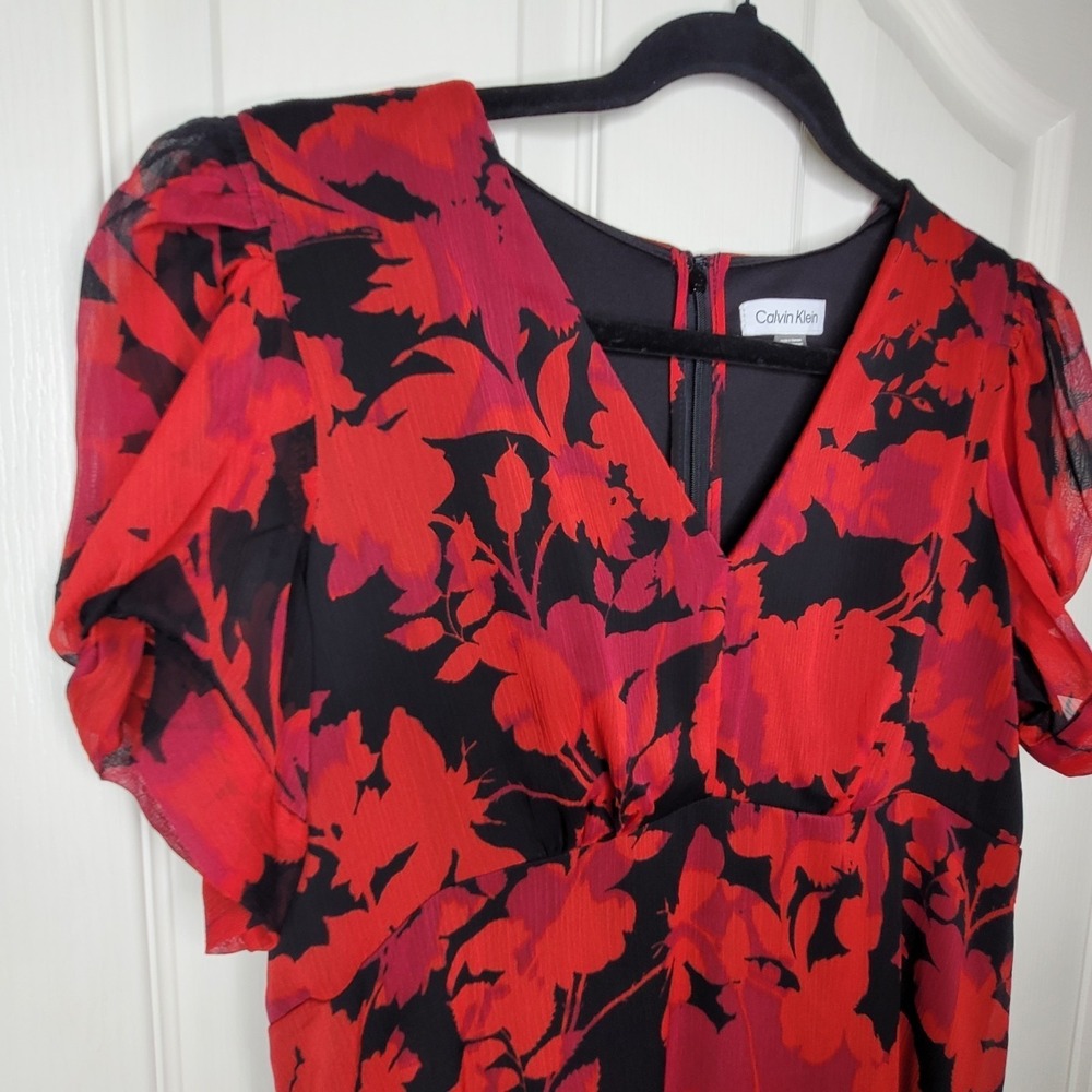 Calvin Klein Puff Sleeve Empire Waist Sheath Black Red Dress Women's Size 12 - Picture 6 of 10